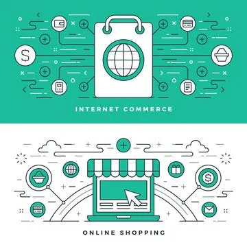 Flat line Internet Commerce and Online Shopping. Vector illustration. Stock Illustration