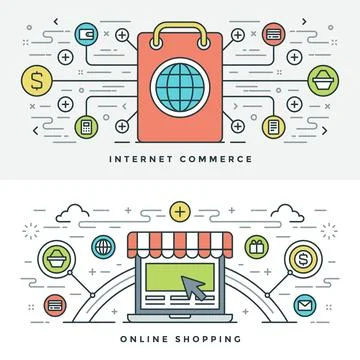 Flat line Internet Commerce and Online Shopping. Vector illustration. Illustrazione stock