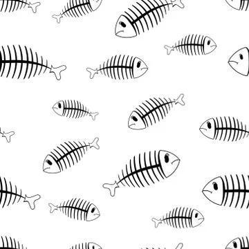 Flat line monochrome vector seamless pattern ocean fish bone, skeleton. Simpl Stock Illustration