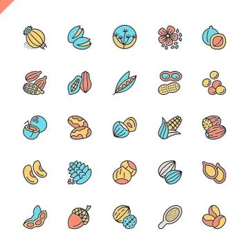 Flat line nuts, seeds and beans elements icons Stock Illustration