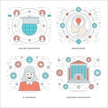 Flat line Online Education, Knowledge, E-learning Concepts Set Vector illus.. Stock Illustration