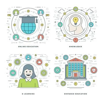 Flat line Online Education, Knowledge, E-learning Concepts Set Vector illus.. Stock Illustration