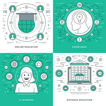 Flat line Online Education, Knowledge, E-learning Concepts Set Illustrazione stock
