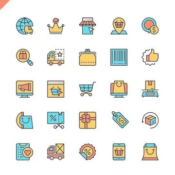 Flat line online shopping elements icons Illustrazione stock