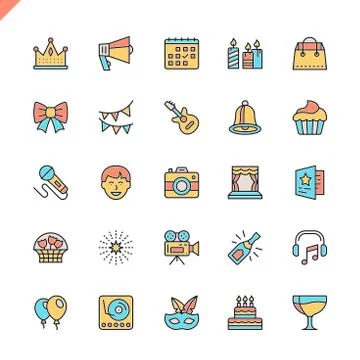 Flat line party, Birthday elements icons Stock Illustration