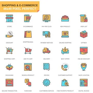 Flat line shopping and e-commerce icons set Stock Illustration