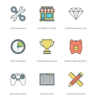 Flat line simple icons set. Thin linear stroke vector Essentials objects sy.. Stock Illustration