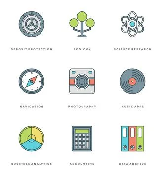 Flat line simple icons set. Thin linear stroke vector Essentials objects sy.. Stock Illustration