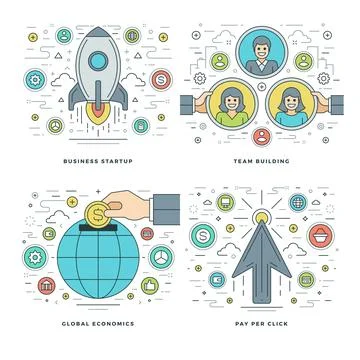 Flat line Start up, Team Building, Global Economics, Business Success Conce.. Ilustración de archivo