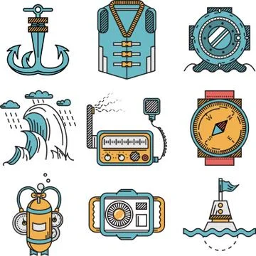 Flat line style nautical vector icons Stock Illustration