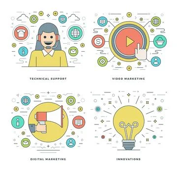 Flat line Technical Support, Digital Marketing, Innovations Ideas, Business.. Stock Illustration