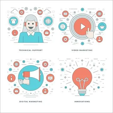 Flat line Technical Support, Digital Marketing, Innovations Ideas, Business.. Illustrazione stock