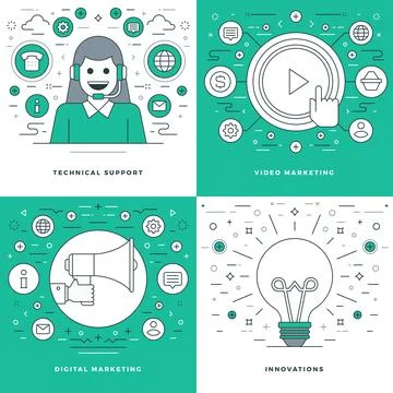 Flat line Technical Support, Digital Marketing, Innovations Ideas, Business.. Stock Illustration