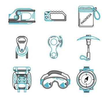 Flat line vector icons for mountaineering equipment Stock Illustration
