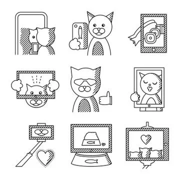 Flat line vector icons for selfie lifestyle Stock Illustration