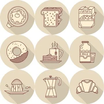 Flat line vector icons for tasty breakfast Stock Illustration