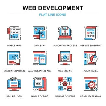 Flat line web development icons concepts set Stock Illustration