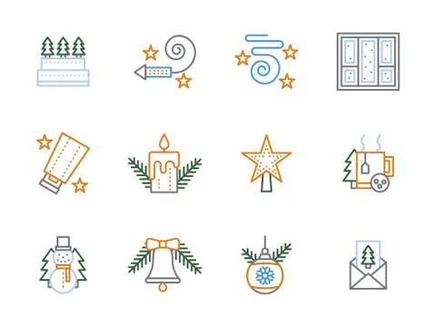 Flat linear Christmas decoration vector icons Stock Illustration