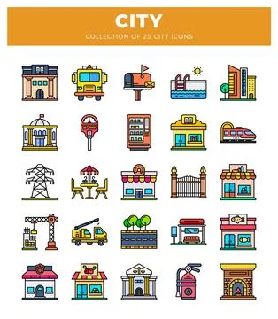 Flat linear city icons representing diverse urban elements. 스톡 일러스트