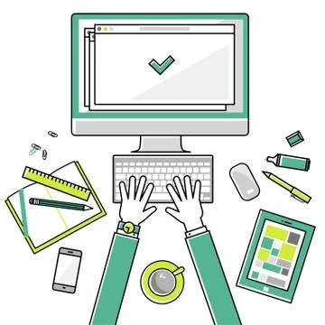 Flat linear design vector illustration concepts  workplace of education, onlin Illustrazione stock