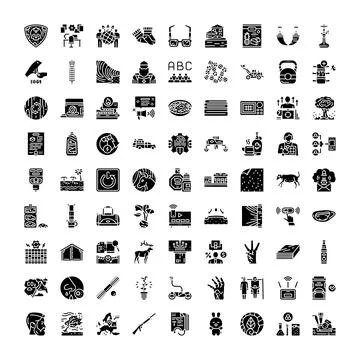 Flat linear icon set depicting concepts objects and activities Stock Illustration