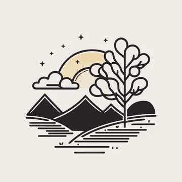 Flat linear landscape icon symbol line art modern tag vector design Stock Illustration