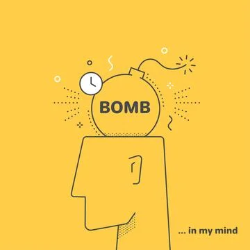 Flat linear vector image on yellow background, human head and bomb, stress .. Stock Illustration