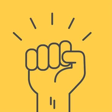Flat linear vector image on yellow background, hand with fist raised up, prot Ilustração Stock