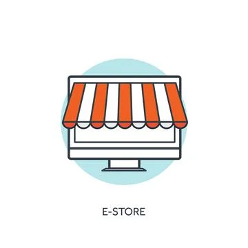 Flat lined e-store koncept background with computer, internet shop. Illustrazione stock