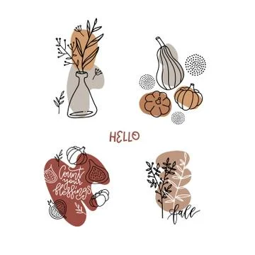 Flat liquid organic floral forms and badges with autumn elements set. Pumpkin Illustrazione stock