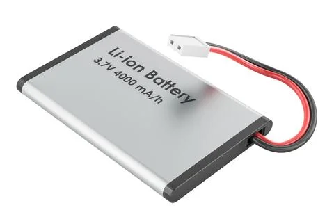Flat lithium ion battery cell with 3.7V 4000mAh label, with red and black w.. Stock Illustration