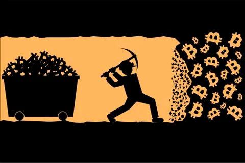 Flat llustration of workers stick figure mining bitcoins with pickaxe standin 스톡 일러스트