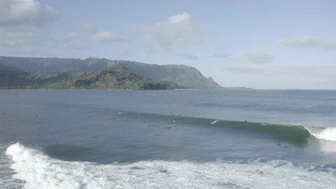 Flat Log Profile Surfer riding waves in Hanalei Bay Kauai Hawaii. drone aerial Stock Footage 104075270