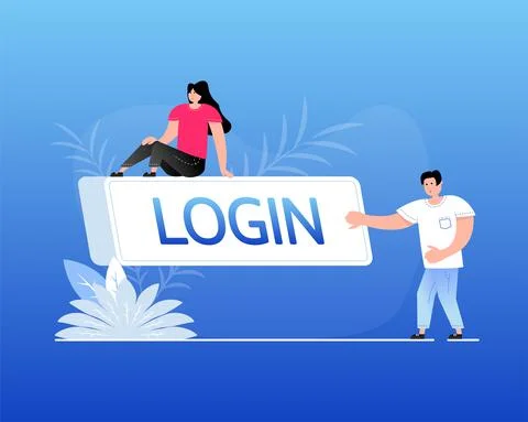 Flat login button for site design. Flat people. Vector template. Web page Illustrazione stock
