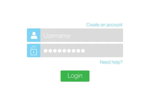Flat login form showing fields with icons, create account and need help links, Illustrazione stock