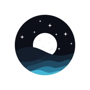 Flat Logo of Sea Waves under Moonlight イラスト素材