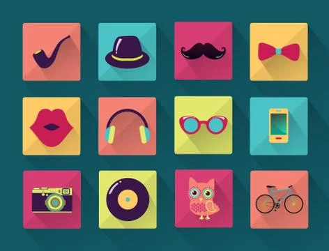 Flat Long Shadowed Hipster icons Stock Illustration