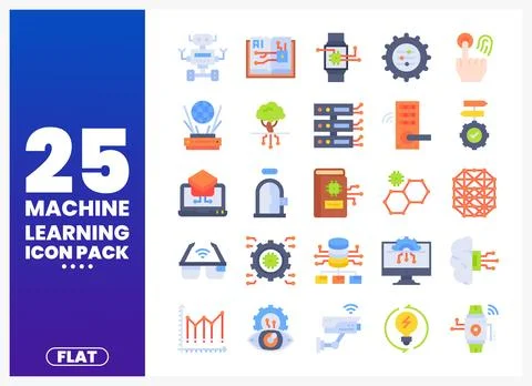 Flat machine learning icon pack collage with elements. イラスト素材