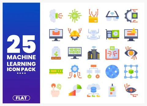 Flat machine learning icon pack with illustrated elements on a white backgr.. Stockillustratie