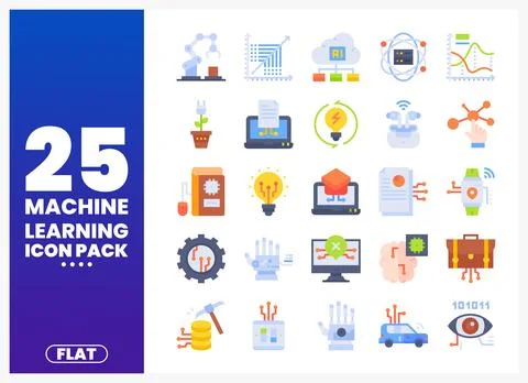 Flat machine learning icon pack with vector graphics on white background. Stock Illustration