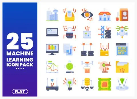 Flat machine learning icons collection showing futuristic technology and da.. Stockillustratie