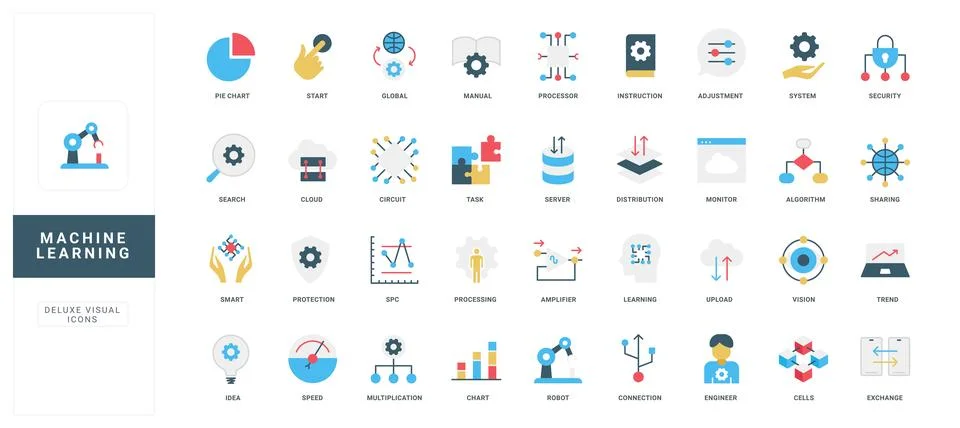 Flat Machine Learning Icons for Data Science Stock Illustration