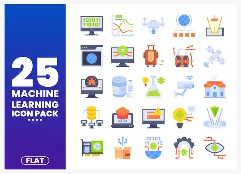 Flat machine learning icons for digital technology projects Stock Illustration