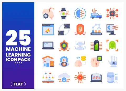 Flat machine learning icons featuring technology. AI. and automation on a w.. Stock Illustration