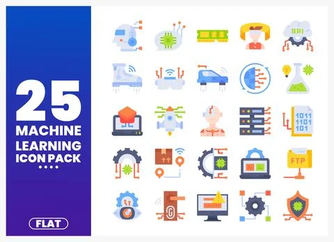 Flat machine learning icons pack with AI. data. and technology themes. Stock Illustration