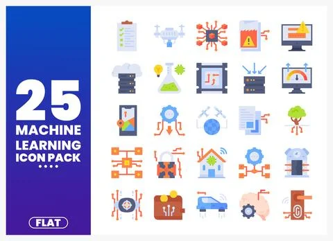 Flat machine learning icons with tech and AI symbols displayed on a white b.. Stock Illustration