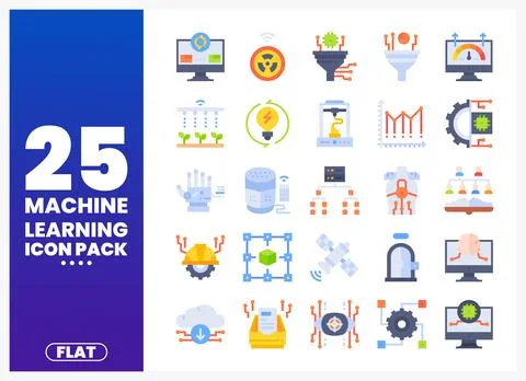 Flat machine learning icons with technology and data themes Stock Illustration
