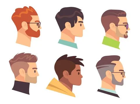 Flat male head profile. Different men heads with different hairstyles and Stock Illustration