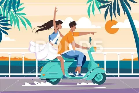 Flat man and woman couple riding on motorbike near summer sea. Stock Illustration
