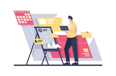 Flat man build program architecture with project management. Stock Illustration